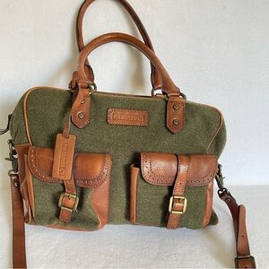Green Wool and  Brown Leather Double Pocket Women’s Bag